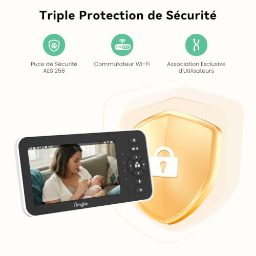 Simyke Babyphone Caméra Bébé 5 Pouces Écran, PTZ 330° Horizontal 90° Vertical, Connexion WiFi & Écran sans Fil, 720P Vision Nocturne, Batterie 4000mAh Mode VOX 30H, Zoom 4X, Stockage Cloud – vue 9