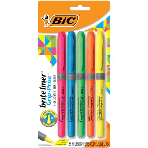 BIC Brite Liner Grip Highlighter, Chisel Tip (1.6 mm), Assorted Colors, For Broad Highlighting & Fine Underlining, 5-Count