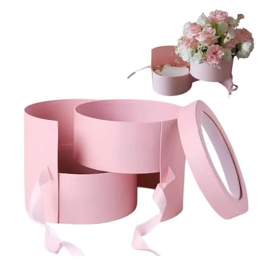 BBJ WRAPS Flower Box with Lid for Arrangements, Double Layers Rotating Drawer Luxury Round Flower Bouquet Gift Boxes Packaging, 1 Set, 7.5"(D) x 6.5"(H) (Pink)