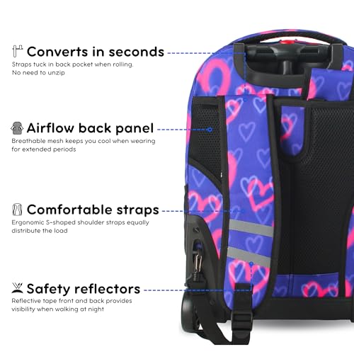Image of J World Sunrise Kids Rolling Backpack with Wheels for Girls Boys, Roller Bookbag for School, 18 x 13 x 9 Inches, Heart Spray