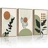 PHOPAGO Boho Plant Wall Art Green Botanical Bohemain Framed Wall Printing 11x14in Abstract Canvas Prints with Leaf & Sun Lines - Natural Framed