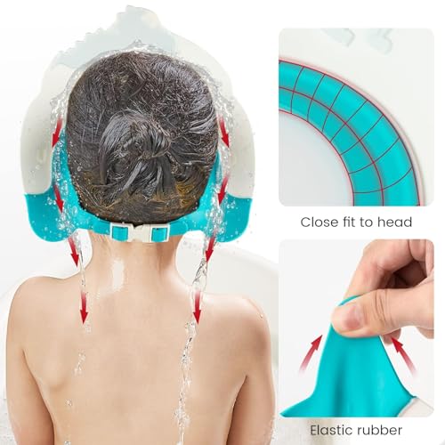 Image of FUNUPUP Baby Shower Cap for Kids, Baby Bath Shampoo Visor Cap Hair Washing Shield Adjustable, Blue Dinosaur