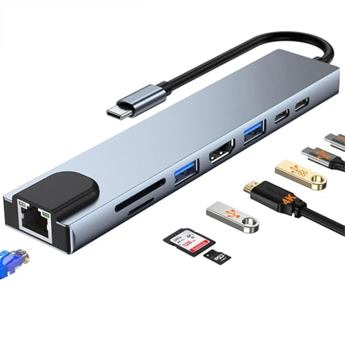 Image of USB C Hub - 8-in-1 USBC Adapter with USB, C-USB, 100W PD, USB 3.0 5Gbps Ports, SD /TF Card Reader - USB-C Dongle for Office, Meetings, Travel & Home Setup-Silver