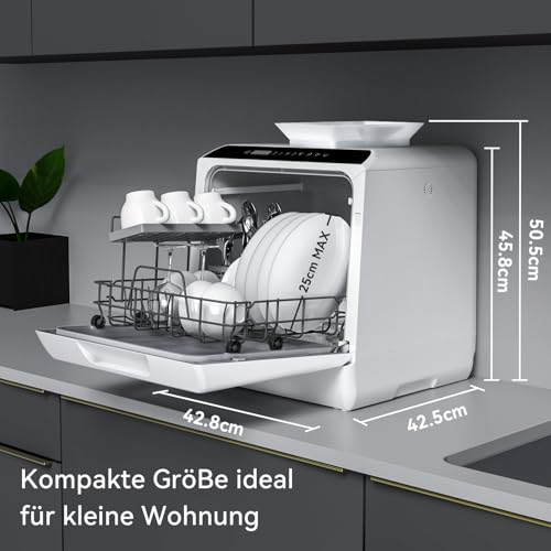 Hermitlux Tischgeschirrspüler, Mini Geschirrspüler mit und ohne wasseranschluss verwendbar, 43 cm breit, Platz für 4 Maßgedecke, Camping nutzbar, 175 kWh/Jahr, weiße
