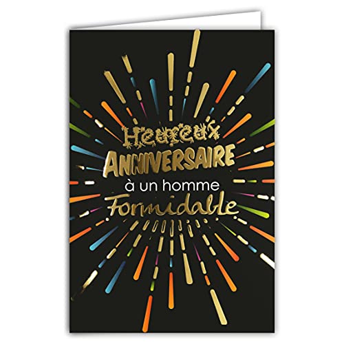 Afie 69-7084 - Tarjeta de felicitación de cumpleaños para un hombre, fantástico fuego artificial, dorado y negro, fabricada en Francia