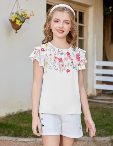 Image of Arshiner Girls T Shirts Ruffle Short Sleeve Summer Pleated Crewneck Casual Tops Tees Blouses