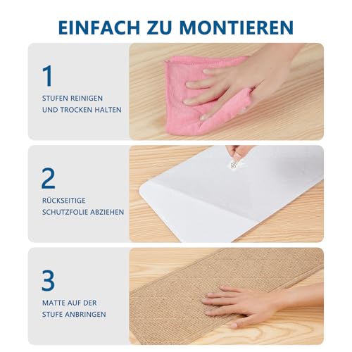 KOOTETA Teppich-Treppenstufen, rutschfest, 20x76cm (15 Pack), Teppich-Treppenläufer, wiederverwendbarer Klebstoff für alle sauberen, glatten Treppen, Stufenschutzmatte für Kinder, Beige