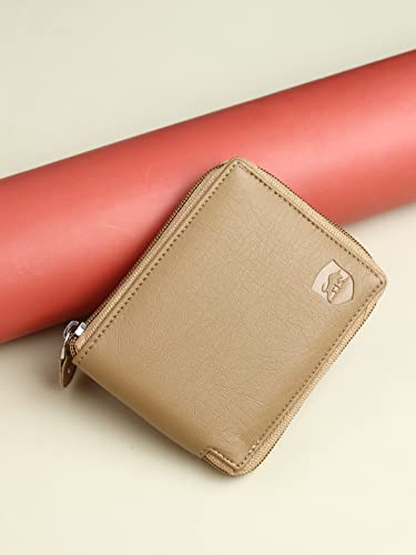 Image of SAMTROH Unisex PU Leather Zipper Round Chain Wallet | 3 Card Slots, 1 Coin Pocket, 2 Currency Compartment & 2 Secret Compartments | Zip Closure Slim Purse for Women and Men (Beige)