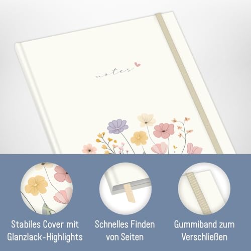 paper&you® Notizbuch liniert A4+ mit Gummiband Flower Joy 156 Seiten, 78 Blatt - liniertes Notebook, Journal, Skizzenbuch, Tagebuch - nachhaltig & klimafreundlich