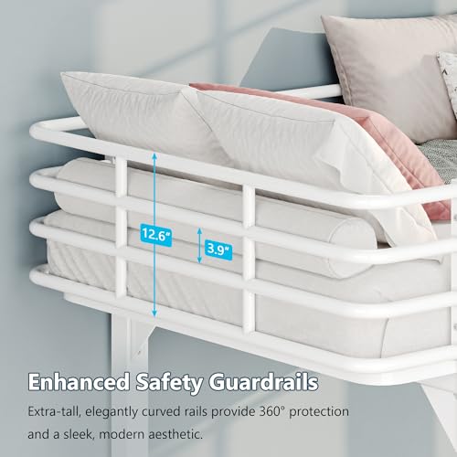Image of iPormis Metal Bunk Bed Twin Over Twin, Heavy Duty Bunk with High Guardrail and Ladder with Built-in Handrails & Wide Steps, Under-Bed Storage Space, Easy Assembly, Noise Free, White