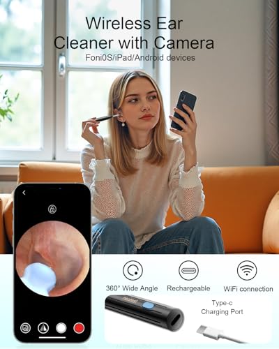 NEATEST Ear Wax Removal Tool with Camera, 1296P HD Wireless Otoscope, 6 LED Lights, IP67 Waterproof, Rechargeable 8 Pcs Ear Cleaning Kit for iOS & Android (Black)