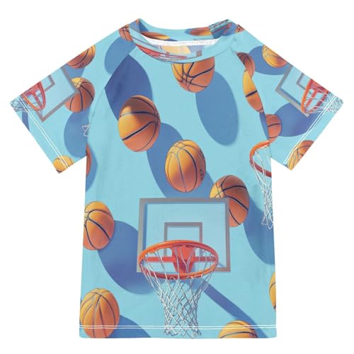 Boys Short Sleeve T-Shirts Basketball Hoop Blue Rashguard Kids Swim Shirts Sun UPF 50+