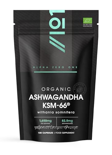 Image of Organic Ashwagandha KSM-66® 1650mg - 5% Withanolides with Black Pepper – 180 Vegan Capsules – Resealable and Recyclable Pouch by Alpha01