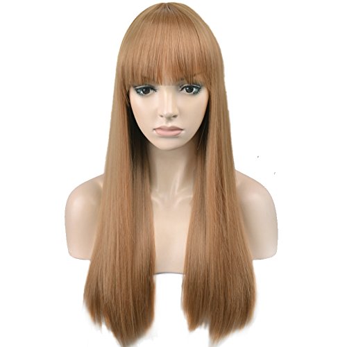 RightOn 24’’ Brown Wig Long Straight Wig with Bangs Wig Cap Include