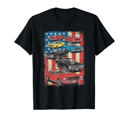 Image of American Flag Background with Classic Muscle Cars T-Shirt