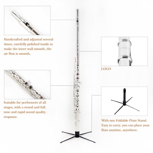 Image of YANASON C Flute Closed Hole 16 Keys Flute Silver-plated for Beginner, Adults,Student with Leather case, Metal stand, Gloves, Tuning Rod, Cleaning kit(16 Silver)
