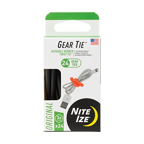 Nite Ize Original Gear Tie - 3-Inch Reusable Rubber Twist Tie - Reusable Gear Ties - Electric Cord Organizers - Twist Ties for Cords - Reusable Zip Ties - Black, 3-Inch, 24 Pack