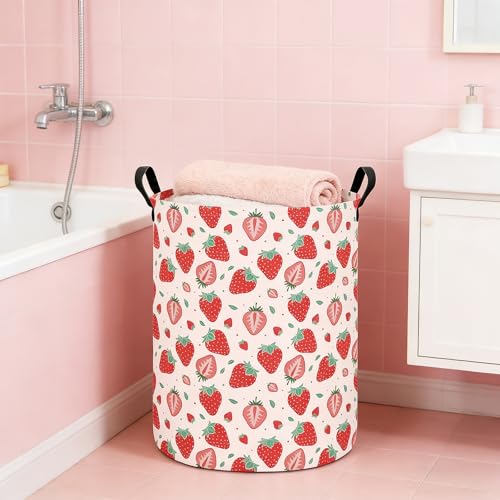 Image of Strawberry Fabric Storage Bin Nursery Organizer Basket | Organizer Bin Dirty Clothes Collapsible Waterproof for College Dorms, Boys and Girls Bedroom,Bathroom