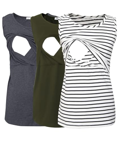 Smallshow - Smallshow Damen Ärmellose Umstandstop Mutterschaft Umstandskleidung Stillen Weste Tops 3 Stücke Army Green-Deep Grey-White Stripe S