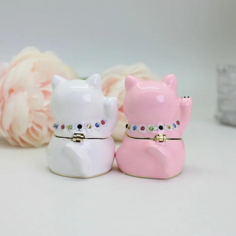 Hand Painting Lucky Cat Statue Decorative Jewelry Box Ornament Metal Trinket Box for Home Decoration New Year's Gift (White) image 3