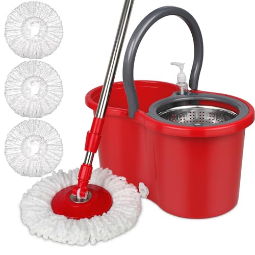 Spin Mop and Bucket with Wringer Set, 3 Mop Heads, 61" Adjustable Handle