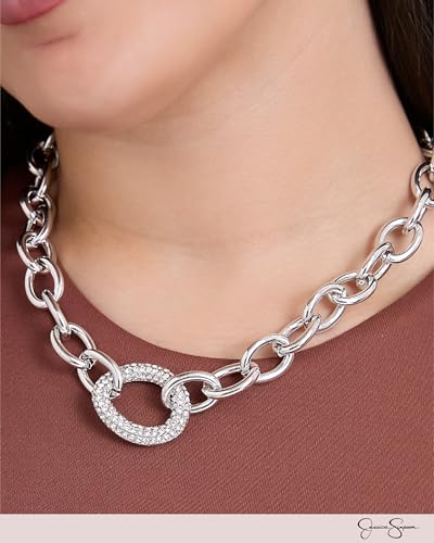 Jessica Simpson Chunky Necklace for Women, Silver-Tone Thick Chain Necklace with Crystal Pendant, Silver Jewelry3