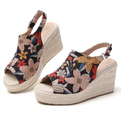 Tilocow Floral Espadrilles Wedges for Women Open Toe Ankle Strap Platform Dressy Casual Sandals Travel Slides Size 8.5