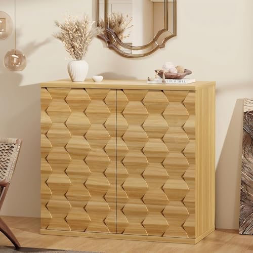 BROTTAR Sideboard Buffet Cabinet with Storage, Modern Fluted Accent Credenzas Cabinet with Unique 3-Dimensional Craft, 31.5\" Coffee Bar Console Table for Entryway, Kitchen, Dining Room, Natural