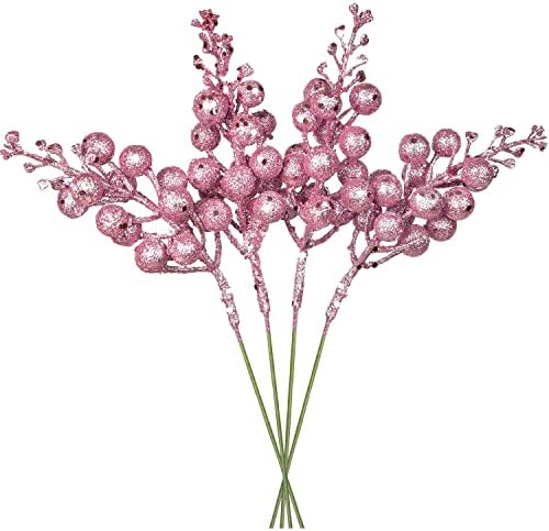 DearHouse 14 Pack Christmas Glitter Berries Stems, 7.8Inch Artificial Christmas Picks for Christmas Tree Ornaments, DIY Xmas Wreath, Crafts, Holiday and Home Decor (Pink)