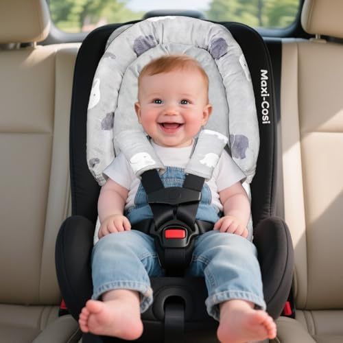Baby Car Seat Head Support with Extra Headrest, 2-in-1 Babybody Supports with Shoulder Pads Set for Newborn, Adjustable Infant Car Seat Insert Compatible with Stroller, Baby Swing, (Grey Elephant) - 1