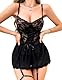 EVELIFE Sexy Dessous Set Für Damen Spitze Reizwäsche Negligee Nightwear Babydoll mit Pantie und Strumpfbänder (Schwarz, XXL)