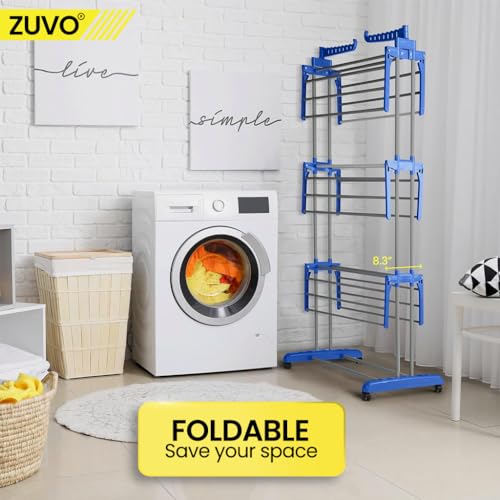 Zuvo Clothes Drying Rack 4 Tier - Blue Foldable Clothes Airer - Heavy Duty Stainless Steel - Perfect Indoor & Outdoor Clothes Drying Rack - Image 5