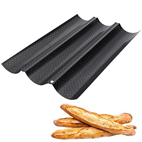 Baguette-Pfanne, perforierte 2/3/4-Brotpfanne, französische Brotform, beste Antihaft-Kohlenstoffstahl, Baguette-Backform und Tablett, 38,1 cm L (3 Brote) Cover