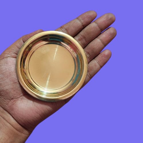 Image of Decorative Brass Plates 3.5 inch, Round Design Best for puja and bhog, Set of 4, Gold