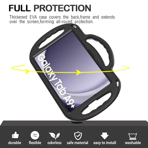 AVAWO Kids Case for Samsung Galaxy Tab A11+ Plus/A9+ Plus 11 Inch Case, with Strap, Shockproof Lightweight Handle Stand 2025/2023 Model with Lanyard, Black