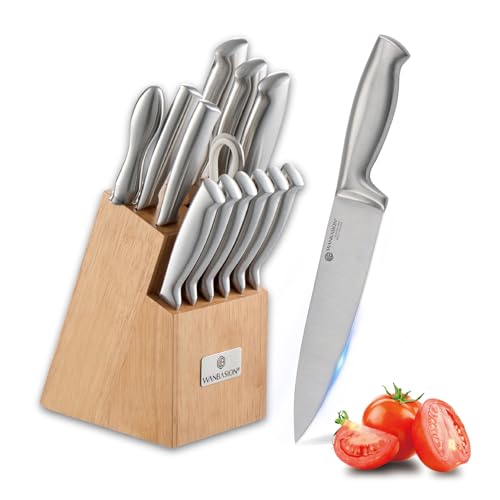 Wanbasion 14Pcs Kitchen Knife Block Set with Sharpener, Sharp Kitchen Knives Set with Block, Stainless Steel Knife Set with Block Dishwasher Safe Silver