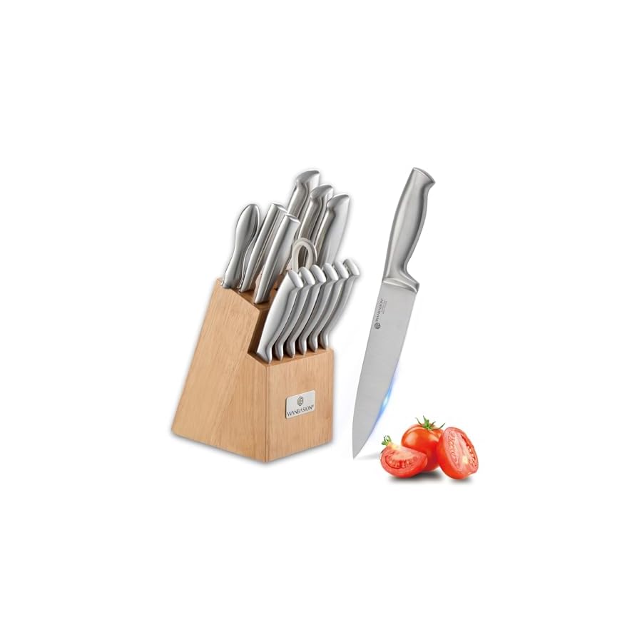 Wanbasion 14Pcs Kitchen Knife Block Set with Sharpener, Sharp Kitchen Knives Set with Block, Stainless Steel Knife Set with Block Dishwasher Safe Silver