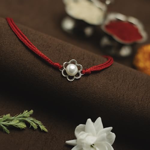 Image of Meenakari Pure 925 Sterling Silver Floral Pearl (Moti) Rakhi Set with Roli Chawal, Rakshabandhan Greeting Card and Silver authenticity certificate For Brother /Men /Unisex