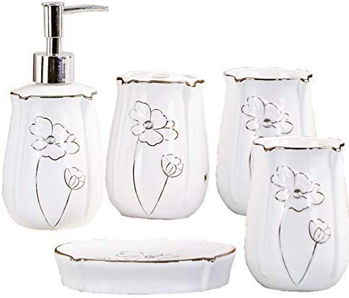 Rex-Tek 5 Pcs Ceramic Bathroom Accessory Set with 1 Lotion Dispenser,2 Mouth Cup, 1 Toothbrush Holder,1 Soap Box