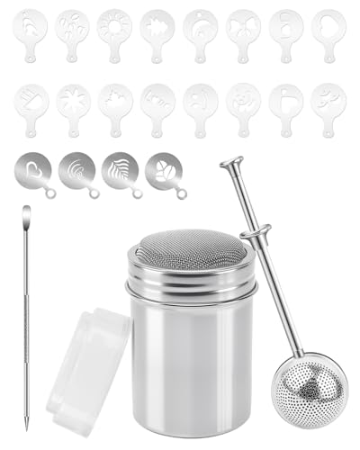 PROKITCHEN Powdered Sugar Shaker Duster Kit, 1PCS Powdered Sugar Shaker Duster, 1PCS Flour Duster, 20PCS Coffee Stencils for Baking & Coffee Stencils Latte Art for Cocoa, Cream, Drinks, Baking