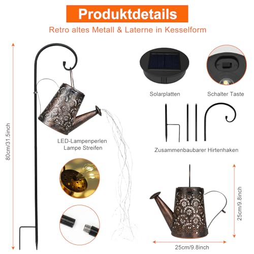 OUILA Solar Gießkanne Lichterkette, 2 Stück Solarlaterne für außen mit Schäferhaken, Solarlampen IP65 Wasserdicht, LED Lichterketten für Außen, Gartendeko, Hofweg, Blumenbeet