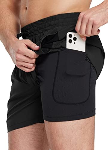 BALEAF Men's 5 Inch Inseam Swim Trunks with Compression Liner Quick Dry 2 in 1 Swim Shorts with Pockets Black S