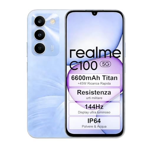 realme C100 Smartphone 5G, 4+128GB, Display 6,8" 144Hz,Batteria 6600mAh,Ricarica Rapida 45W, IP64,Resistenza Agli urti Robusta (Purple, 128, GB, 4, GB)
