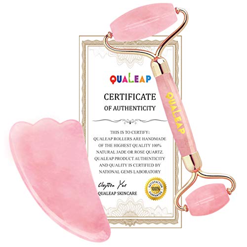 Jade Roller for Face 2 in 1 Gua Sha Tools Including Rose Quartz Roller and Jade Face Massager 100% Natural Jade Facial Roller Anti Aging Face Roller Massager (Rose)