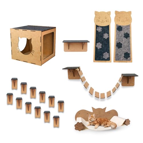 BOXFAN Playground de Gatos Kit 18 peças Rede Arranhador Parede Nicho Brinquedo Gato Degraus Pratelei