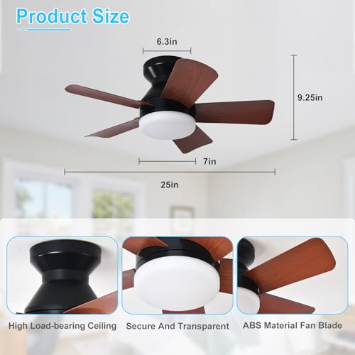 Image of Depuley Modern Ceiling Fan with Light: 25-Inch Black Small Fans for Bedroom Indoor Outdoor - Dimmable Low Profile Ceiling Fans with Remote Control Flush Mount 5 Reversible Walnut Blades 6 Speeds Timer