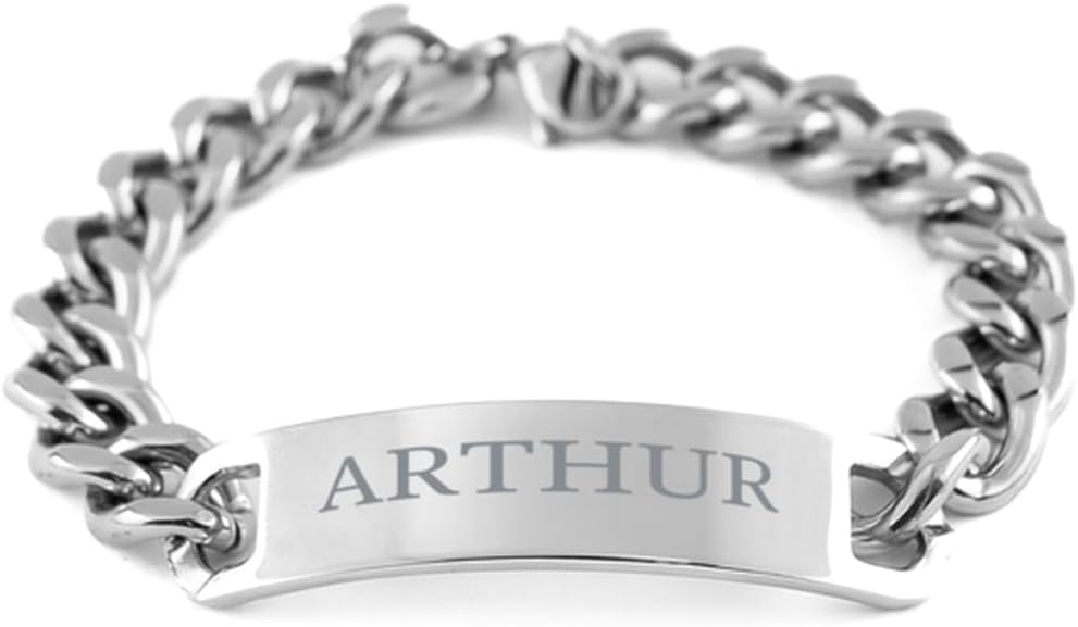 Gifts For Arthur - Trendy Custom Name ID Plate Cuban Chain Stainless Steel Bracelet Christmas Birthday Gifts For Son Brother Dad Husband Grandson Uncle Friends Boy Teanager Men, Engraved Adjustable