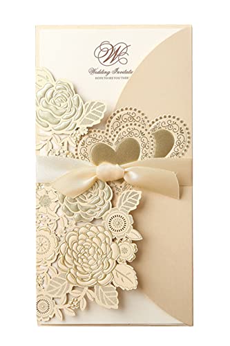 Anawakia Cartes D'invitation de Mariage, Hollow Floral Design, Cartes D'invitation de Mariage avec Motif Ruban et Fleur Intérieur Vierge (Or,10)