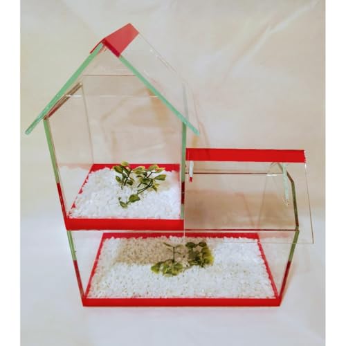 Aquario Beteira Modelo Castelo Peixe Betta Dois Andar com Pedrinhas e Planta Artificial (Laranja)