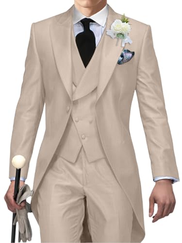Men's Tailcoat Suit,Mens Tuxedo 3 Piece Slim Fit Suits Double Breasted for Men Summer Wedding,Proms,Concert,Champagne,L